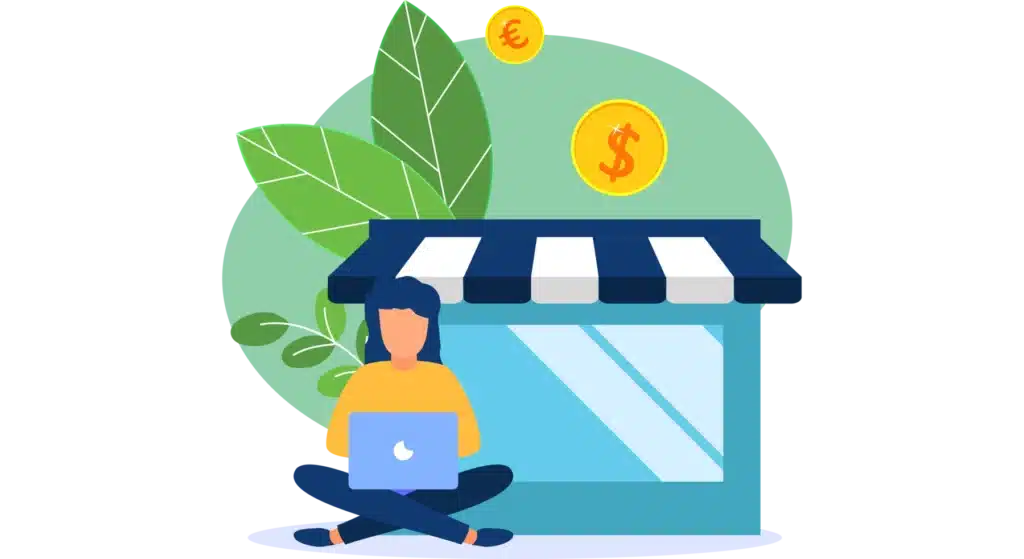 illustration of a person sitting outside a shop or business of some kind. They're working on a laptop and there is money floating above the shop/business.
