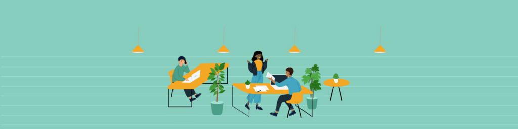 illustration of people working and collaborating happily in an office space