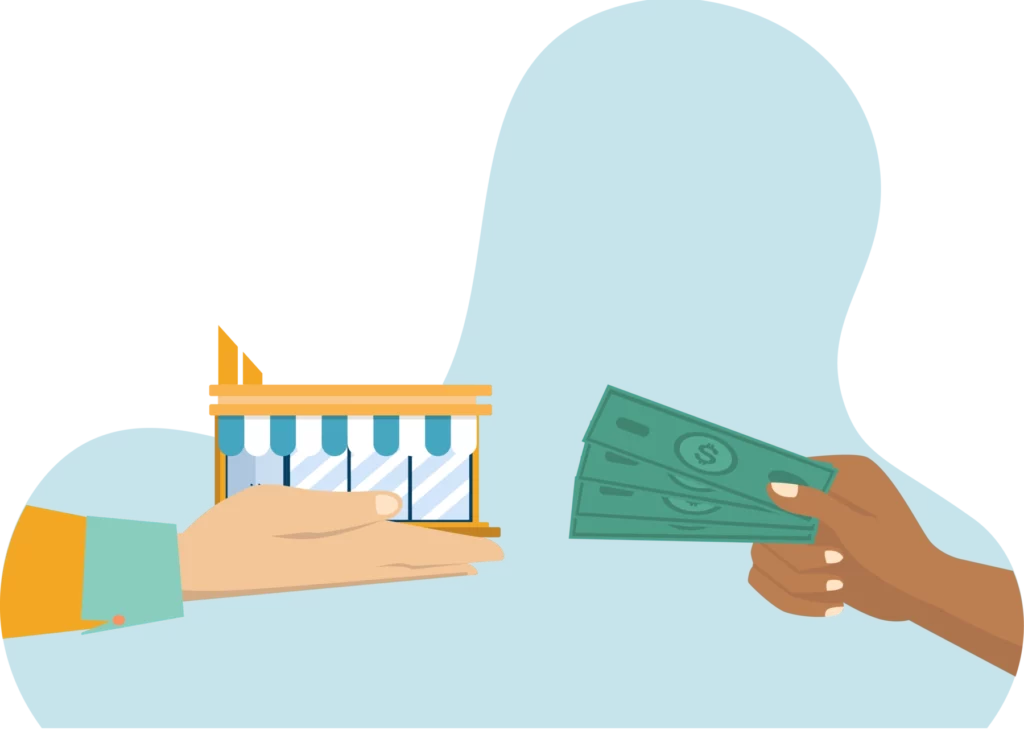 an illustration hands making an exchange of money for a business sale